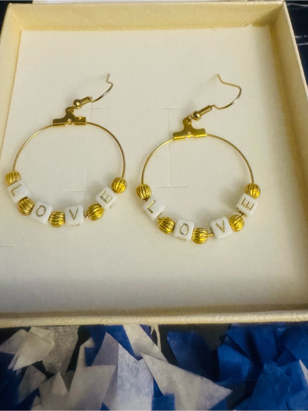Gold Hoop Earrings with White LOVE Beads - Women Jewelry